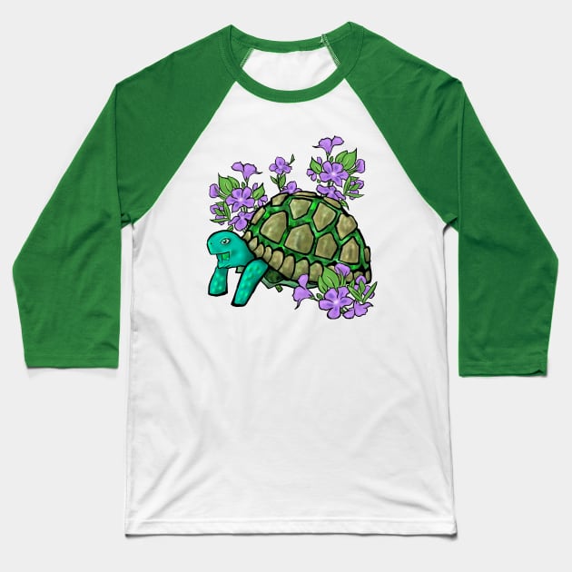Smiling Turtle with Purple Flowers Baseball T-Shirt by Storyfeather